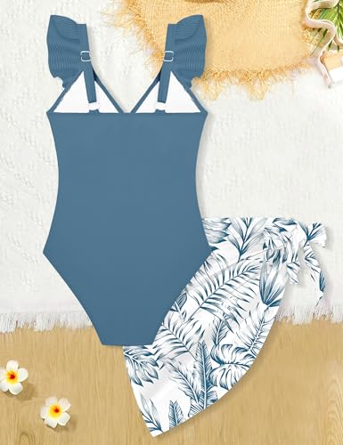 Girls Dark Blue One Piece Swimsuit with Ruffle Skirt - 9-10 Years