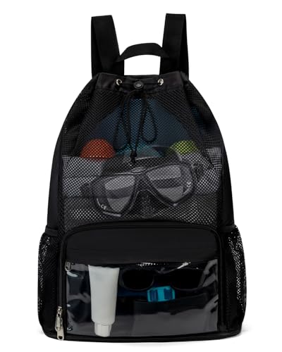 Ecosmile Drawstring Beach Backpack with Shoe Compartment & Wet Pocket - Black