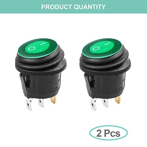2 Pcs Green LED Round SPST Rocker Switch - Waterproof