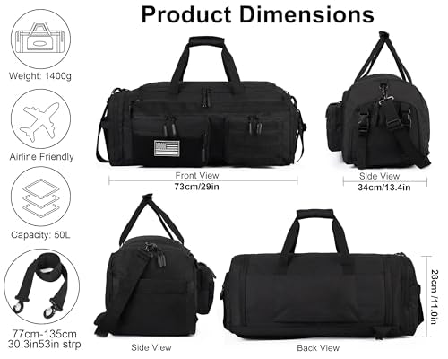 LHI 50L Tactical Duffle Bag for Men - Black, 3-in-1 Gym, Travel & Backpack