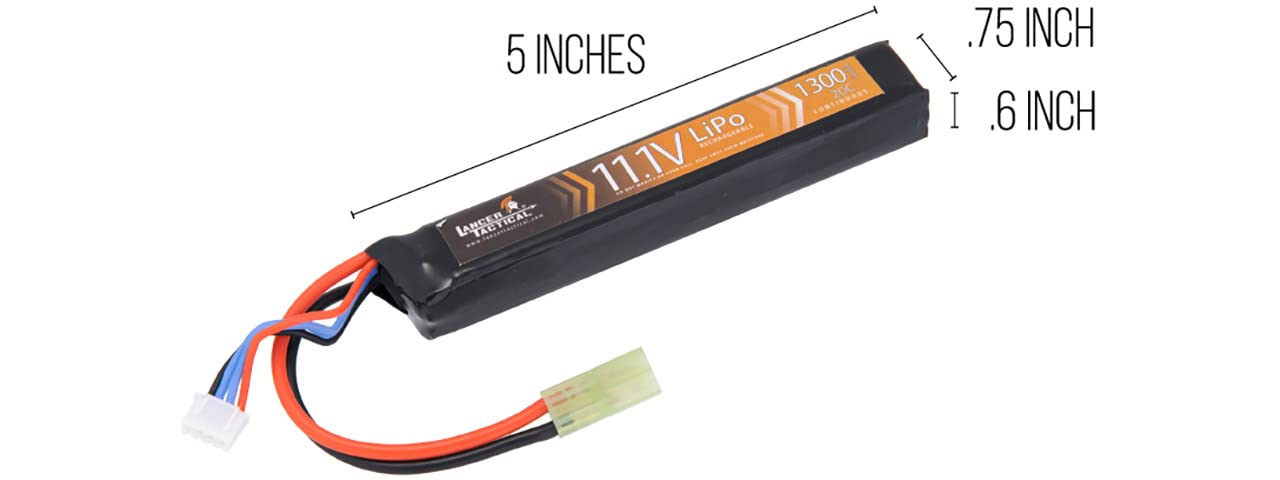 Lancer Tactical LiPo Airsoft High-Performance Battery 11.1V 1300mAh 20C Stick - Tamiya Connector, Designed for Airsoft M4