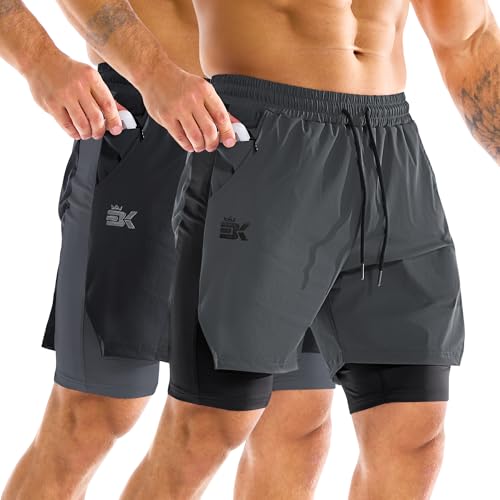BROKIG Men's 2-in-1 Quick Dry Gym Running Shorts with Liner - Medium, Black & Dark Grey
