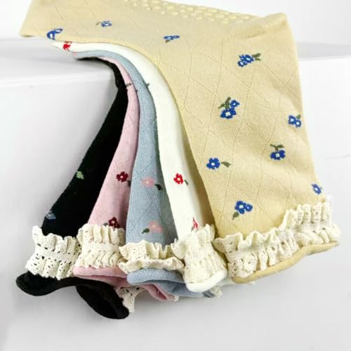 Non-Slip Pilates Grip Socks for Women - Floral Ruffle - Black/White/Khaki