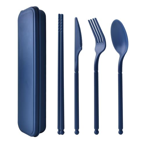 Blue Reusable Utensils Set with Case - Travel Cutlery