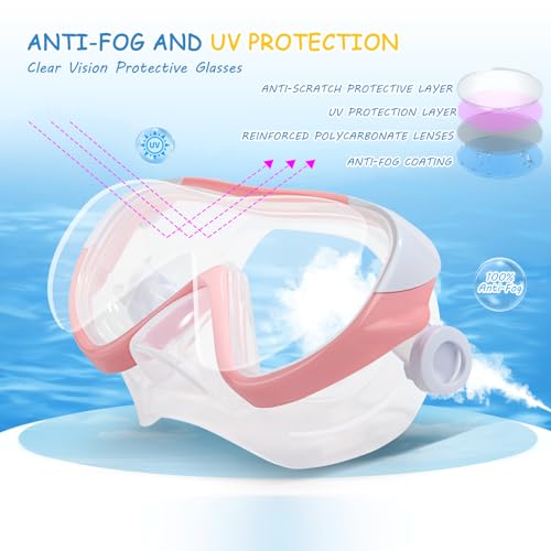 EXP VISION Kids 180° Panoramic Anti-Fog Dive Mask with Nose Cover - 2PCS Blue+Pink, Leak-Proof for Ages 4-14