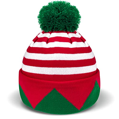 Christmas Elf Knitted Beanie Hat for Adults - Red & Green