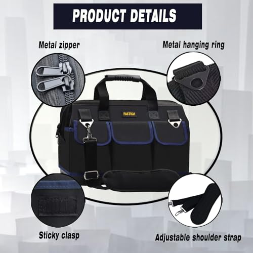 FASTECH 22 Inch Tool Bag, Waterproof Wide Mouth Tool Kit, Heavy Duty Tool Bag Organizer With Shoulder Straps and Molded Base, Tool Storage Package For Screwdrivers, Pliers, Nut Drivers (DarkBlue22IN)