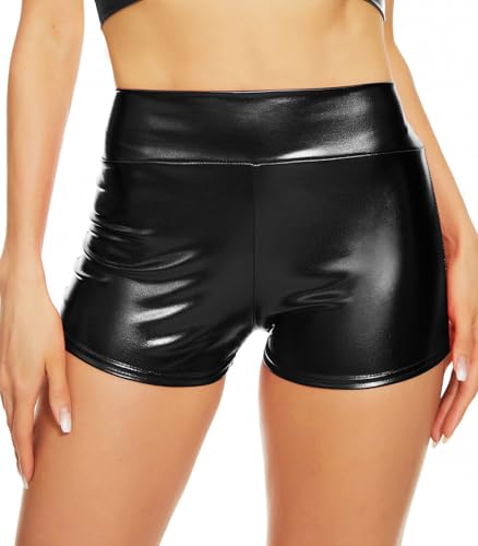 Vinaderhom Women's Metallic Booty Shorts, High-Waisted Shiny Rave Bottoms – Black, Medium