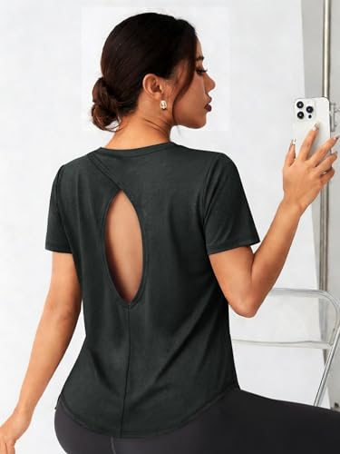 Open Back Workout Top for Women - Short Sleeve - Large Black