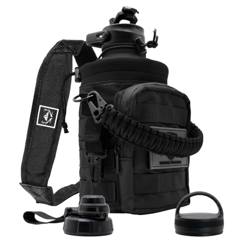 NATURE PIONEOR 64 oz Tactical Insulated Water Bottle with MOLLE Pouch & 3 Lids - Black