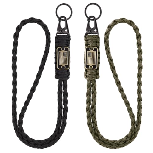 Heavy Duty Braided Paracord Lanyard Keychains - 2pcs Black+Green with USA Flag