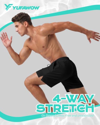 Yufawow Men's 7-Inch Black Swim Trunks with Compression & Breathable Liner - Quick Dry Beach & Gym Wear, Large