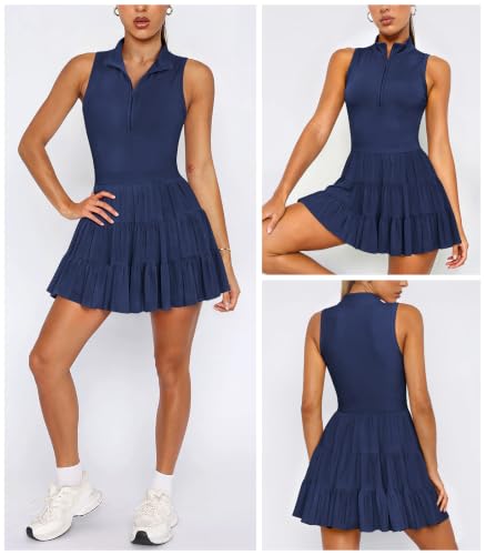 Hragc Women's Tennis Pleated Ruffle Zip-Up Athletic Dress – Navy Blue, Medium