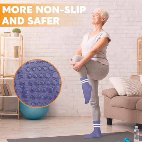 Non-Slip Pilates Grippy Socks for Women - One Size, 4 Pairs (Blue, Green, Purple, Pink)