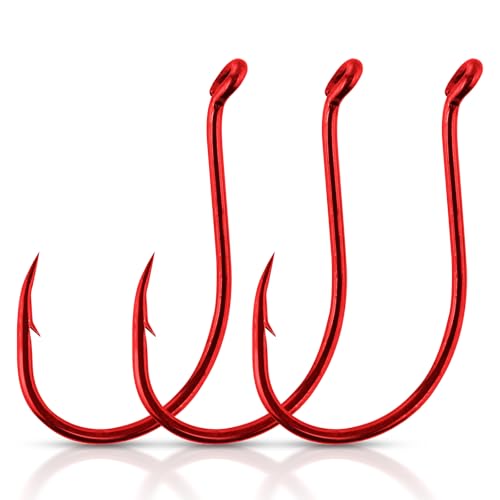 Offset Octopus Fishing Hooks - 100 Pack, Red #2 for Freshwater & Saltwater