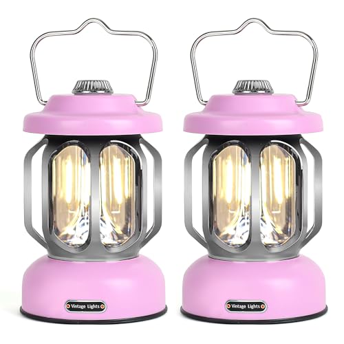 Rechargeable LED Camping Lanterns, Vintage Camping Lights Battery Operated, Portable Retro Metal Glamping Lights for Hiking, Hurricane, Decoration, Power outages, Pink, 2 Pack