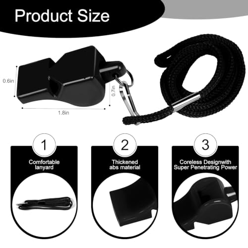 12 Pcs Loud Pea-Less Sport Whistle Set with Lanyards - Black