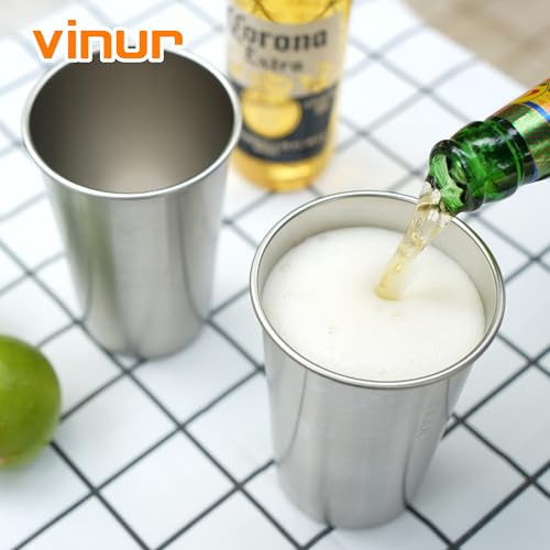 Vinur 16 oz Stainless Steel Pint Cups, 4 Pack - Silver, Stackable