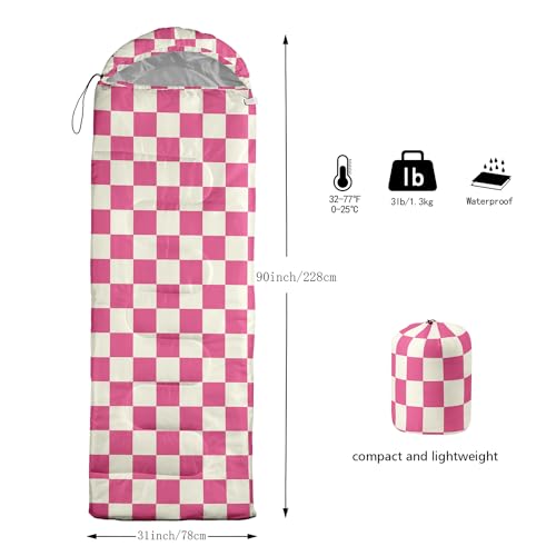 Nttopship Pink & White Check Lightweight Waterproof Sleeping Bag - All Seasons, Single 31.5x90.5