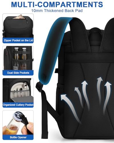 Pritent Black 30 Cans Insulated Backpack Cooler – Leakproof Beach Cooler Bag