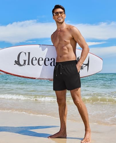 Gleeease 5 Inch Men's Swim Trunks with Compression Liner, Solid Black, 3X-Large