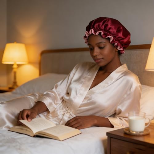 Double Layer Satin Sleep Bonnet with Wide Elastic Band - Red