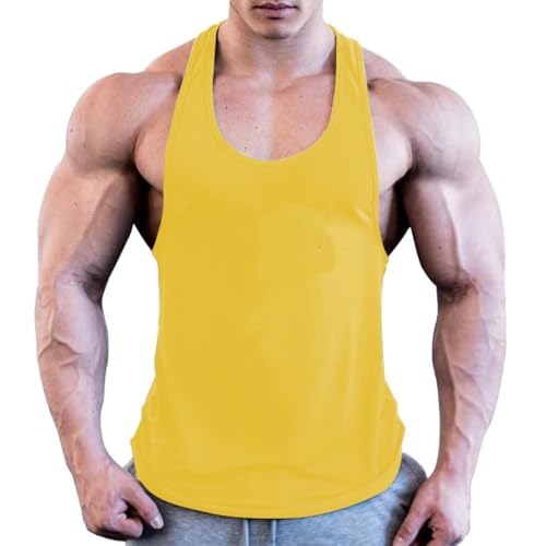 Men's Sleeveless Cotton Tank Top - Yellow, Large for Gym Fitness