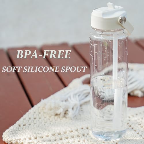 GOPPUS 32oz Clear White Water Bottle with Flip Straw, BPA-Free Tritan, Leakproof & Lightweight