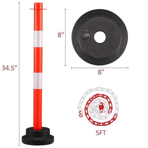 Dragosum [2 Pack] 34 inch Traffic Delineator Post with Weighted Base, Orange Safety Cones with 5 FT Plastic Chain, Safety Barriers with Reflective Collar for Parking Lot, Driving Training