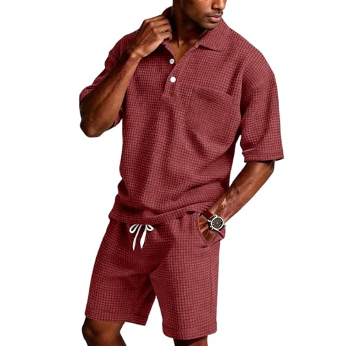 Men's Waffle Knit Polo Shirt and Shorts Set - Watermelon Red, 4X-Large