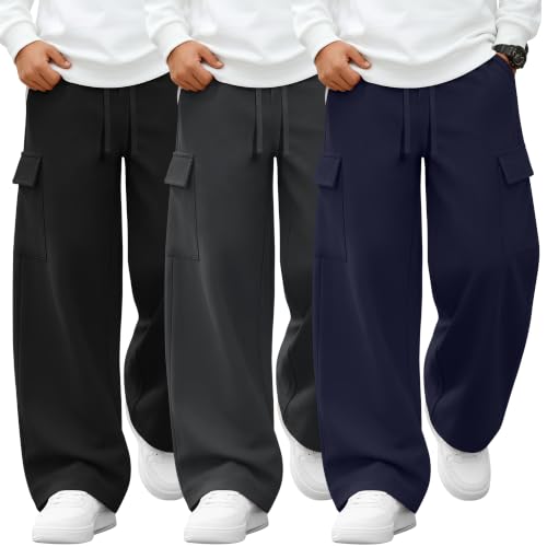 Joiceful 3-Pack Boys Cargo Sweatpants - Size 13-14 Years, Black/Dark Gray/Navy Blue