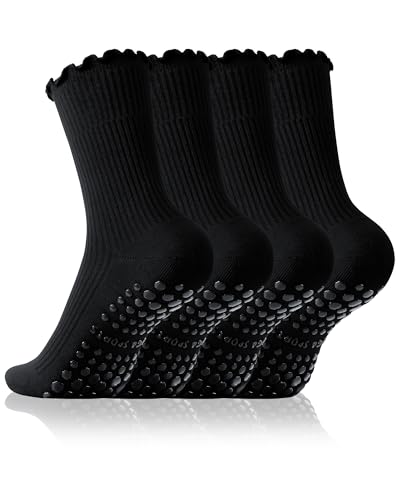 Non-Slip Pilates Socks for Women - 4 Pack with Ruffle Detail - Black