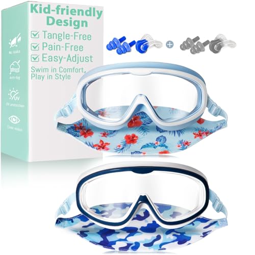 Pixel Panda Kids Swim Goggles 2 Pack for Ages 6-14, Anti-Fog UV Wide View, Blue Variation