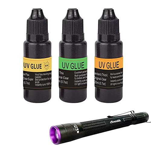 EUPHENG UV Resin Fly Tying Kit with 3+395nm Pen Light Set - Thick, Thin & Flex 20ml