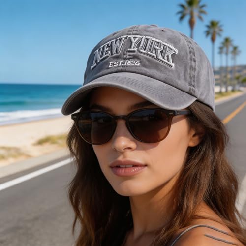 New York Embroidered Baseball Cap - Distressed Gray Dad Hat