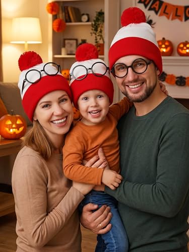 Halloween Red White Knit Beanie with Pompoms & Glasses - Small
