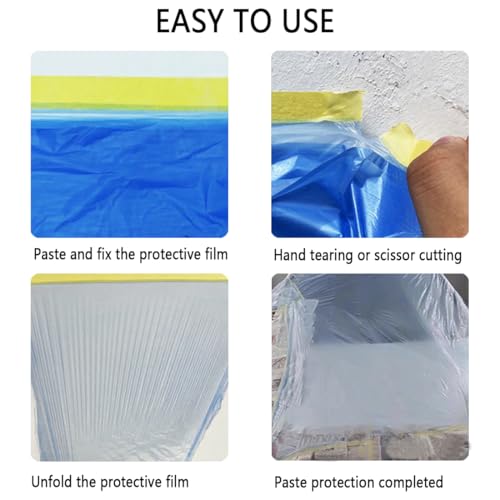 44" x 82' Painters Plastic with Tape, Pre-Taped Masking Film for Spray Painting, Protective Film for Automotive & Home Spray Painting, for Covering Cars, Walls, Windows and Furniture (1, 44" x 82')
