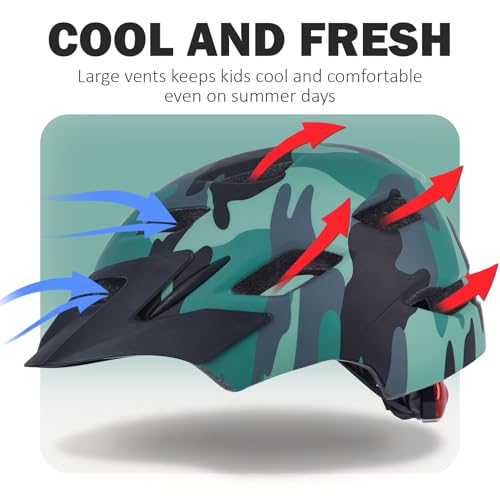 Kids Bike Helmet with LED Light, Camouflage Green, 50-57cm, Toddler & Youth