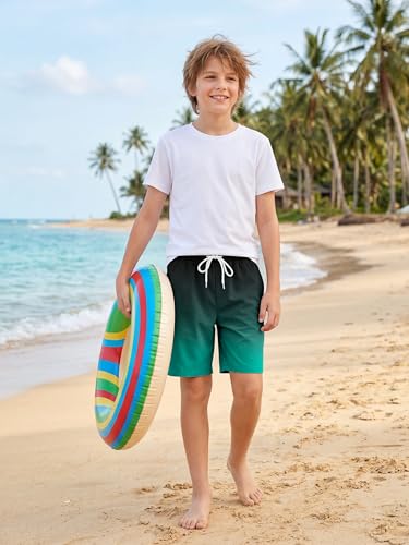 Boys Swim Trunks with Boxer Liner - Gradient Emerald, UPF 50+