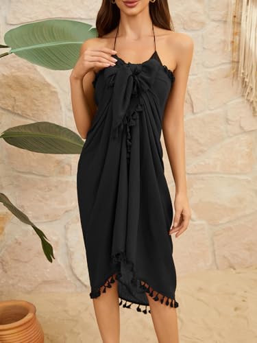 QIANXIZHAN Women's Black Tassels Swimsuit Cover Up Beach Sarong Wrap