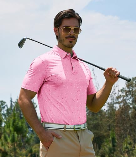 ZITY Men's Pink Splattered Paint Golf Polo Shirt XL Performance Moisture-Wicking Short Sleeve Collared Print for Golf & Casual