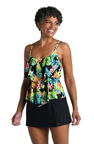 Maxine of Hollywood Women's 2-Tier Ruffle Tankini Swimsuit Top Black Oahu Oasis