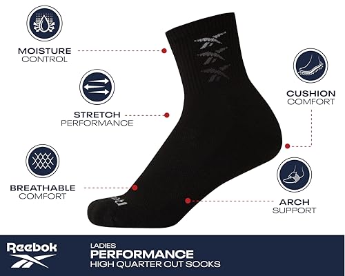 Reebok Women's High Quarter Socks 6-Pack Moisture Wicking Cushioned Crew Oatmeal/White