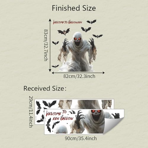 Halloween Wall Decals Scary Ghost with Red Eyes and Bats ? Spooky Horror Wall Stickers for Haunted House, Living Room, Party Decorations, Removable Halloween Decor