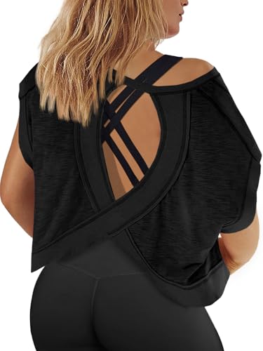 Fisoew 3X-Large Black Women's Plus Size Open Back Workout Top - Backless Athletic Shirt