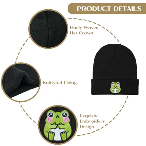 Cute Frog Embroidered Knit Beanie - Black Winter Warm Stretch Hat