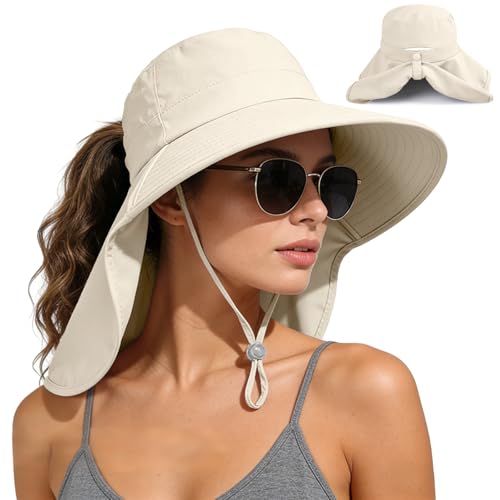 Ruqizhi Beige Sun Hat for Women with Neck Flap & Ponytail Hole UPF 50+ Rollable UV Protection - Size 1
