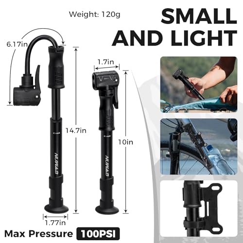 10 Inch Mini Bike Pump - 100PSI Portable Bicycle Inflator