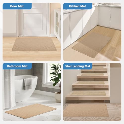 Stair Treads Non Slip Landing Rug for Wooden Steps Indoor, Peel and Stick Stair Treads Matching-Mat 20"X32" Landing Slip Resistant Stair Rugs for Kids and Dogs, Polyester Stair Landing Mat, Beige