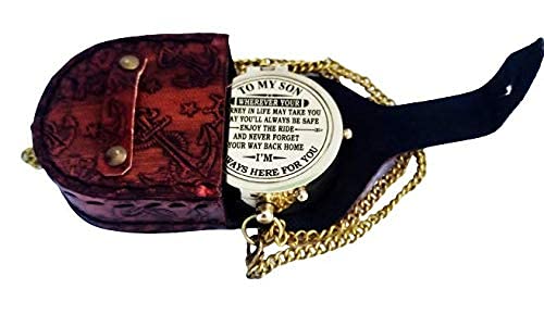 THE ANTIQUE HOUSE Shiny Brass Compass with Leather Case Gift for Son